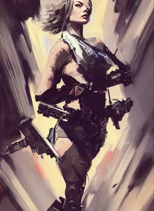 Image similar to Margot Robbie wearing metal gear armor holding revolver dramatic lighting art by Yoji Shinkawa by Richard Schmid by greg rutkowski by Sandra Chevrier by Jeremy Lipking cinematic dramatic