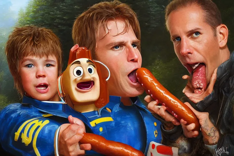 Image similar to portrait of wwf shawn michaels and thomas the tank engine sharing hotdogs, an oil painting by ross tran and thomas kincade