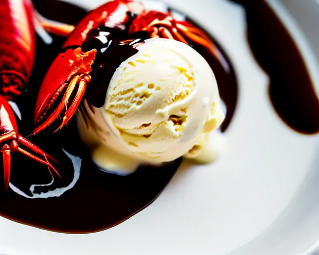 Image similar to dslr food photograph of vanilla ice cream with crawfish, some chocolate sauce, 8 5 mm f 1. 4