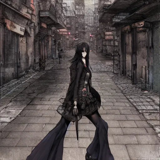 Image similar to goth woman walking on the street, color page, tankoban, 4 k, tone mapping, akihiko yoshida, james jean andrei riabovitchev marc simonetti, yoshitaka amano, long hair, curly, h. hydrochaeri