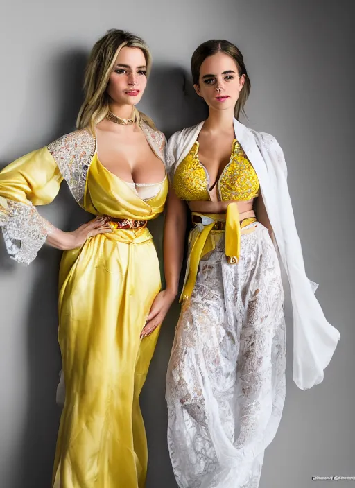 Image similar to portrait of lindsey pelas and emma watson wearing white kebaya and yellow silk belt, jakarta, by charlotte grimm, natural light, detailed face, beautiful features, symmetrical, canon eos c 3 0 0, ƒ 1. 8, 3 5 mm, 8 k, medium - format print,