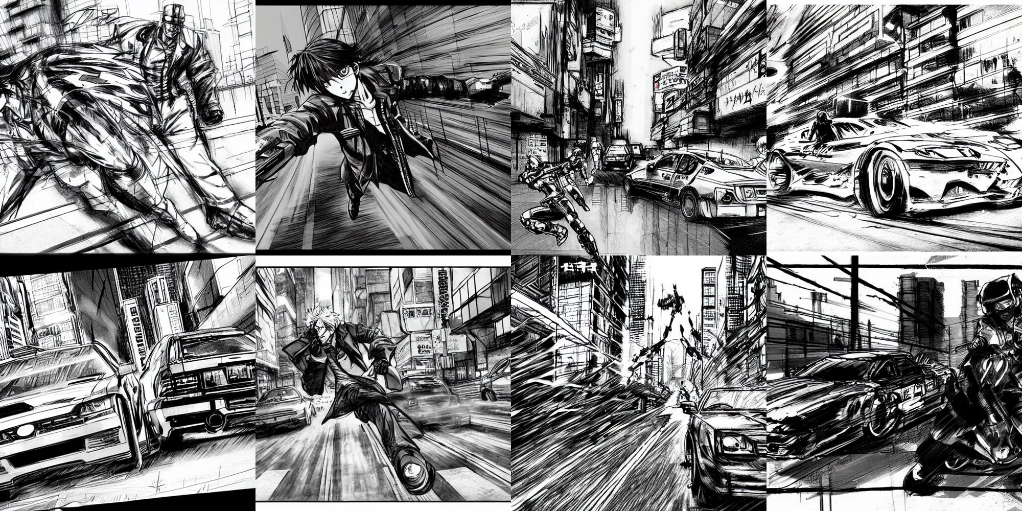 Prompt: a manga sketch a car chase in a cyberpunk city, black and white, pencil sketch, in the style of yoji shinkawa and takehiko inoue