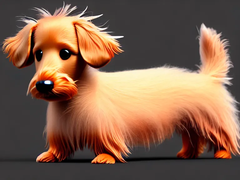 Prompt: high quality 3 d render hyperrealist very cute fluffy dachshund dog, plush mascot, long spiky fluffy smooth hair, photo from the side, multi pastel colors, vray, smooth background, artstation, ultra detailed