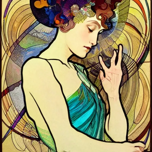 Image similar to The Goddess of Art, paint, ink, palettes, spectrum, in the style of Joshua Middleton, Mucha, Kandinsky