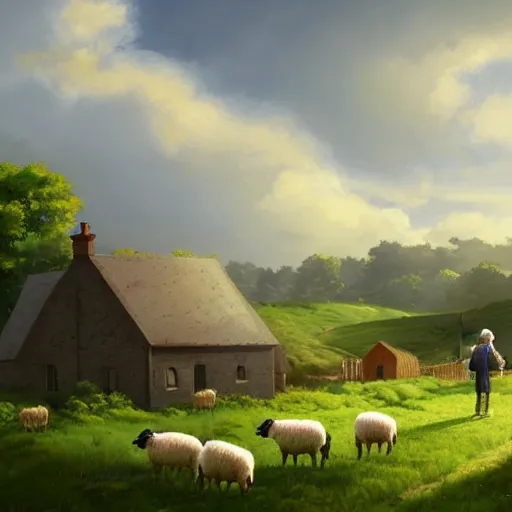 Image similar to an irish farmer herding sheep next to his small homestead in the irish countryside, highly detailed, digital painting, concept art, sharp focus, by makoto shinkai