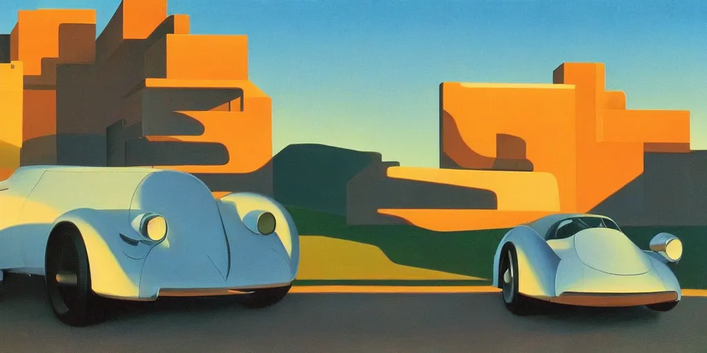 Prompt: futuristic car, blue sky, summer evening, kenton nelson