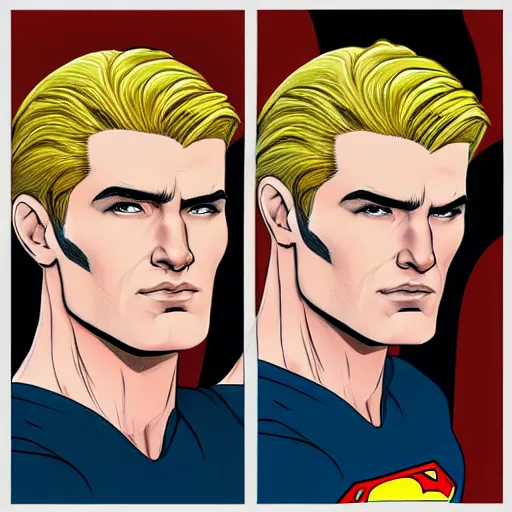 Image similar to hyper realistic portrait of superman with blonde two sides hair and thin face lines