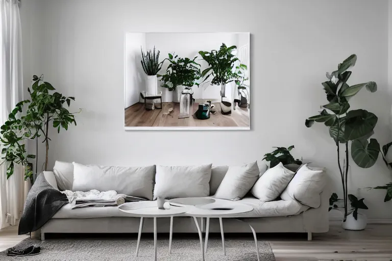 Image similar to highly detailed wide angle photograph, ikea style, light bloom, atmospheric, cinematic, minimalist contemporary modern design living room, cozy, calm, plants, big canvas art, hardwood floor, white walls, fabric and textiles