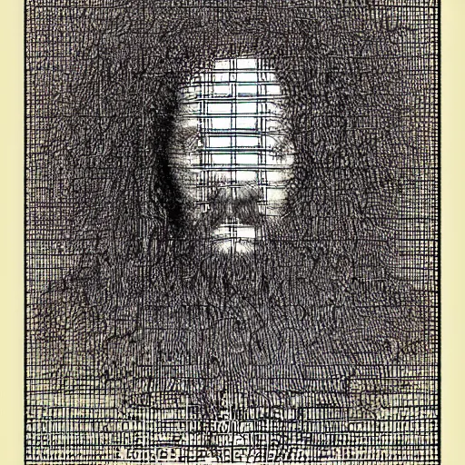 Image similar to A realistic portrait of the face that everyone in the world finds familiar by Gustave Dore in ASCII art style