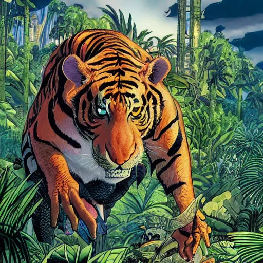 Image similar to a hybrid animal that is half alligator and half tiger in a futuristic city scape on the edge of the jungle, rule of thirds, painting style of jean giraud and moebius and don lawrence and alex ross