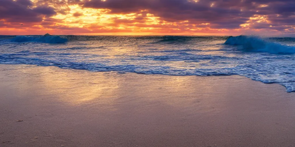 Image similar to highly detailed photograph of a desk on a beach with waves crashing behind it at sunset