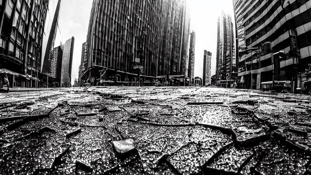 Prompt: a high detailed realistic astonishing wide lens street image, skyscrappers are melting on the sun, melted glass and steel on the street, drops of melted steel, manga, cartoonish style