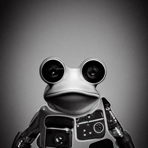 Image similar to cyborg frog with a camera lens as a head, front profile, monochromatic photo