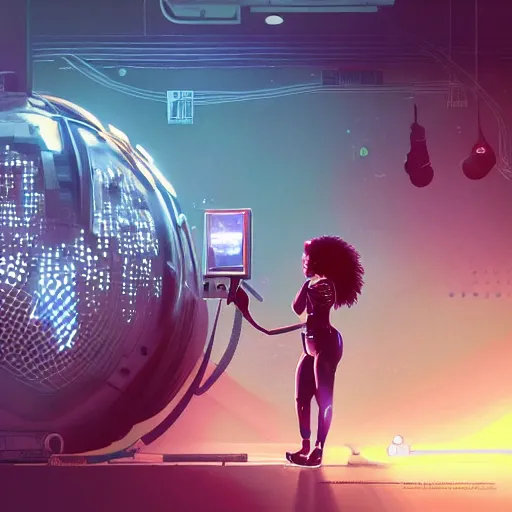 Image similar to a black girl fixing a robot, in the nature, mixing solarpunk, afropunk and cyberpunk technology and aesthetic ( ( ( ( volumetric light ) ) ) ), high angle, part by pearl fryar, part by prince damah, sunny day, trending on artstation, high detailed, cinematic view, illustration, painting.