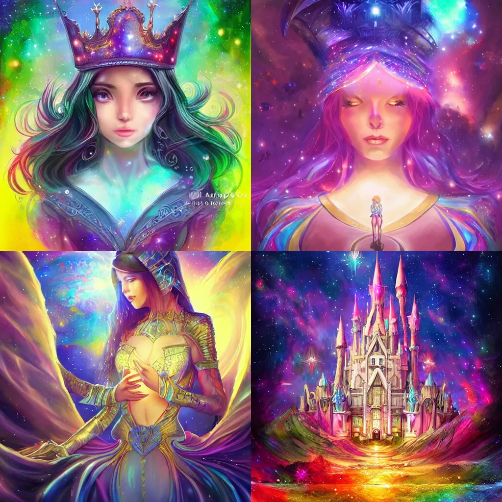 Prompt: high fantasy castle, galaxy, stars, colourful, magical, mythical, digital art, trending on art station, by artgerm
