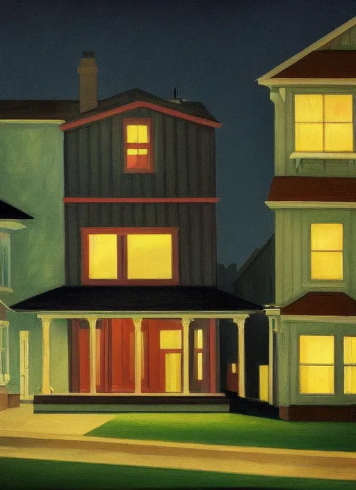 Prompt: small suburban houses in America at night by Edward Hopper, fantasy, moody lighting, dark mood, imagination, nighthawks, cinematic