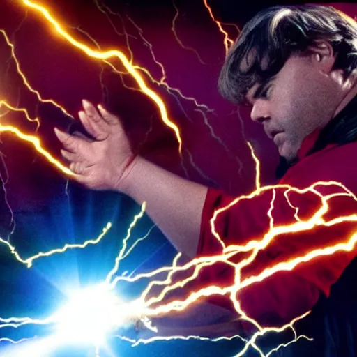 Image similar to film still of jack black playing the flash by steven spielberg, epic lighting effects