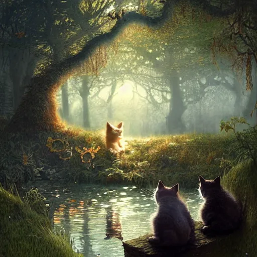 Image similar to two kittens in the enchanted forest watching the fish in the stream, fantasy, intricate, extremely detailed, matte, artstation, art by greg rutkowski, louis wain, alan lee, terry gilecki