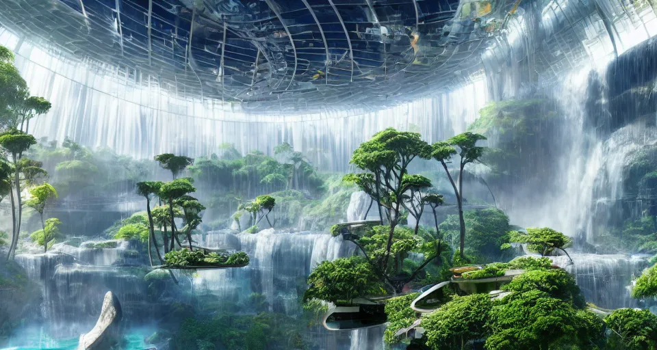 Prompt: futuristic shopping mall with waterfalls inside a massive space station with manicured topiaries, ilm, beeple, star citizen halo, mass effect, 2001 space odyssey, elysium, warm saturated colours, atmospheric perspective, dramatic sunset, volumetric light scattering, dustlight, god rays, dust