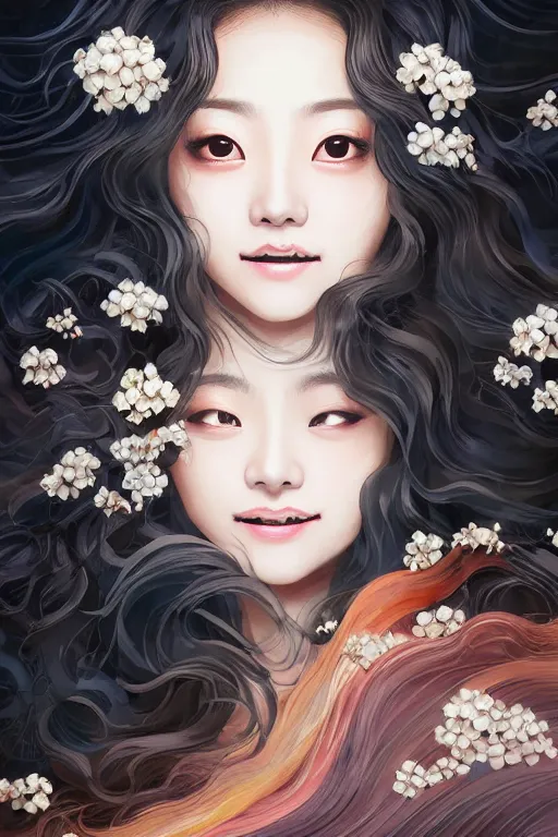 Image similar to beautiful young heroine like twice tzuyu+laughing+happy+smoky eyes+front face with light flowing hair smiling, great wave of hokusai, oil painting, portrait, acryllic spill, intricate complexity, rule of thirds, in the style of Kazuki Tanahashi, Genzoman, face by Artgerm and WLOP, fantasy character concept, Artgerm, watermark, blurry,cropped, 8k