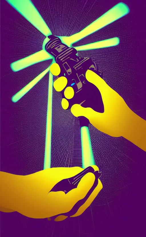 Image similar to “ hand in glove holding laser gun from the side, geometric, retro, digital art, award winning ”