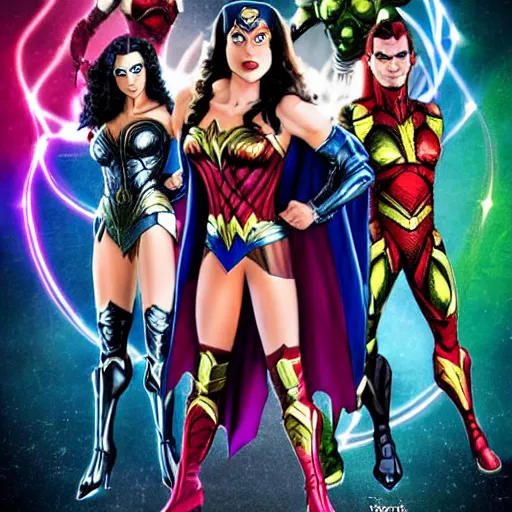 Image similar to gender swapped justice league, highly detailed, high quality, high resolution