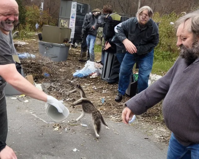 Image similar to slavoj zizek stealing trash from a racoon near a trash container