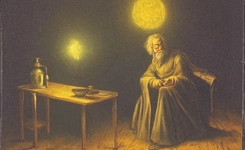 Image similar to wizard seated in dimly lit study, holding hand over a crystal ball, crystal ball glowing blue