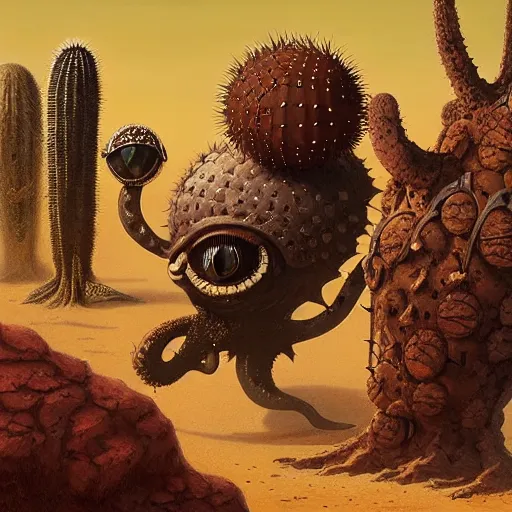 Image similar to ball creature covered with eyes, in the desert next to a cactus, d & d, fantasy, greg rutkowski, frank frazetta, alexandre chaudret, boris vallejo, michael whelan, miro petrov, hr giger, magali villeneuve, donato giancola