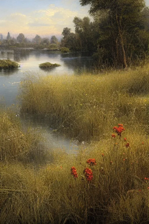 Prompt: nile river putrefaction native grasses and flowers timelapse painting by ivan shishkin by trending on artstation matte painting, 4 k detail fantasy, full of colors, cgsociety, matte painting, wow