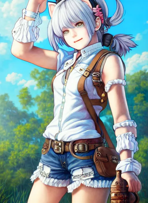 Image similar to a portrait of catgirl wearing white vest, and denim shorts an ultrafine detailed painting, detailed painting, detailed eyes, octopath traveler