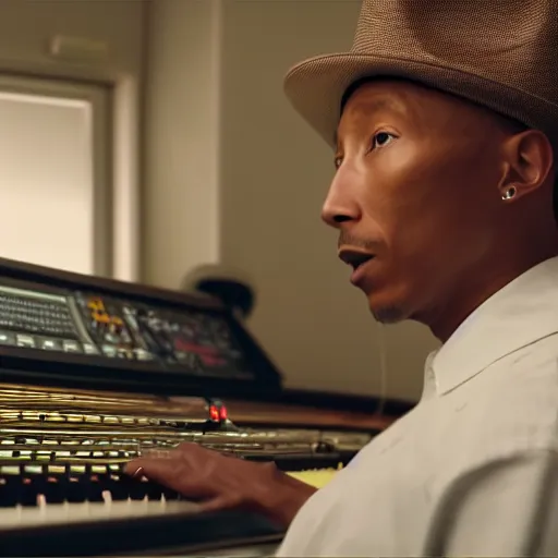 Image similar to cinematic film still of Pharrell Williams Making A Beat with an anthropomorphic alien, Japanese VFX, 2018, 400mm lens, f1.8, shallow depth of field,film photography