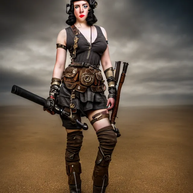 Image similar to full length photo of a very beautiful female dieselpunk warrior, 8 k, hdr, smooth, sharp focus, high resolution, award - winning photo