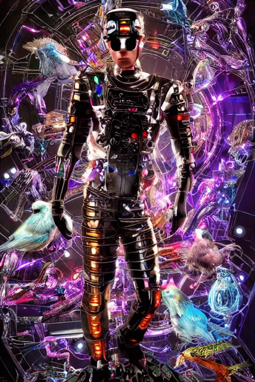 Image similar to full-body cyberpunk style chrome sculpture of a young handsome Latino prince as a half android with a chest opening exposing circuitry and electric sparks, glowing laser beam eyes, crown of giant diamonds, flowing neon-colored silk, fabric, raptors. baroque elements. full-length view. baroque element. intricate artwork by caravaggio. many many birds birds on background. Trending on artstation, octane render, cinematic lighting from the right, hyper realism, octane render, 8k, depth of field, 3D