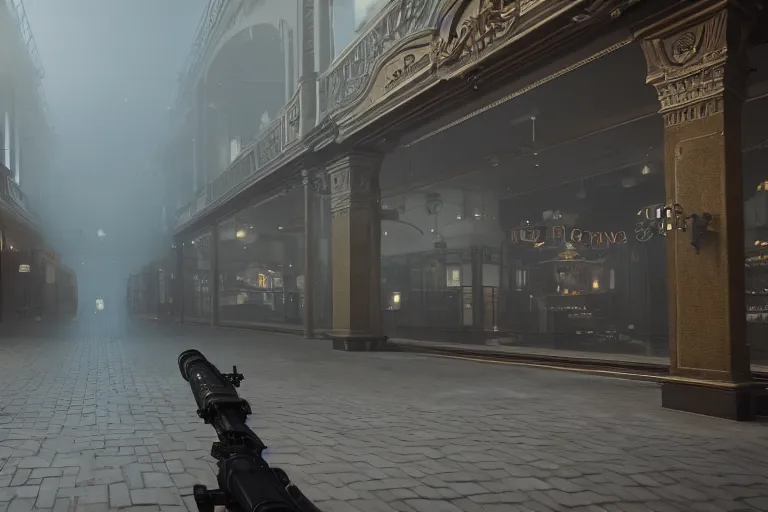 Image similar to first person point of view of a gunner on a victorian shopping mall, cinematic lightning, ray tracing, unreal engine 5, photorealistic, 8 k, uhd, 4 k, call of duty game concept, extremely detailed, beautiful, elegant, intricate, foggy, in - game footage