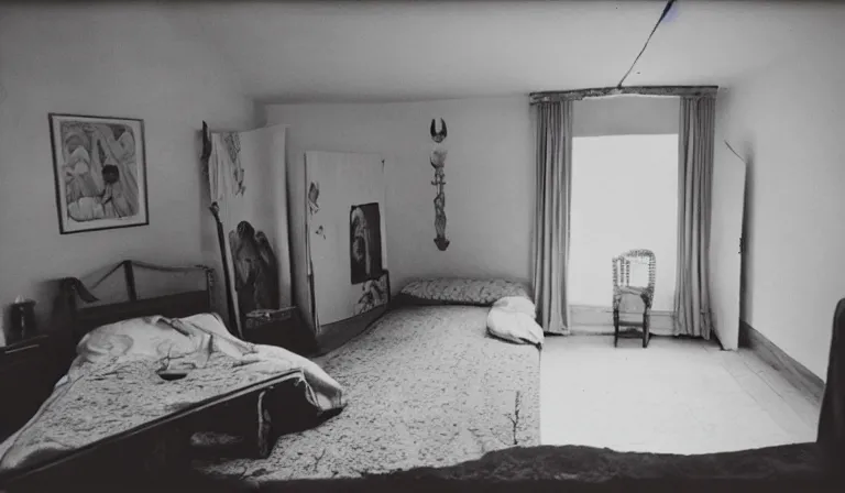 Image similar to A bedroom designed by Leonora Carrington, 35mm film, long shot