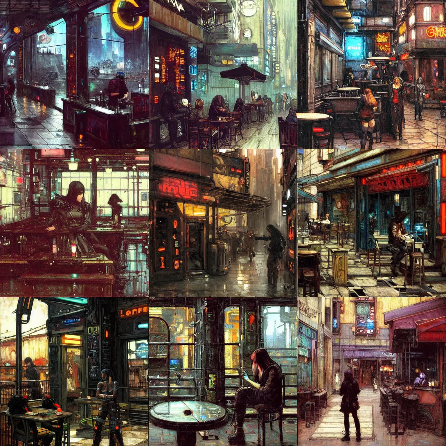 Prompt: A cyberpunk cafe painted by John William Waterhouse