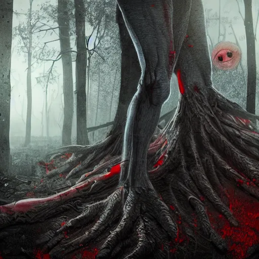 Image similar to A realistic detailed photo of a creepy man, destroyed legs, extra detailed body, crooked legs, blood, exploded belly, red eyes, destroyed body, dead skin, dead trees, detailed body, teeth filled with cavities, foggy landscape, creepy, light particles, detailed light, realistic shaders, trending on artisation, detailed textures, detailed, realistic.