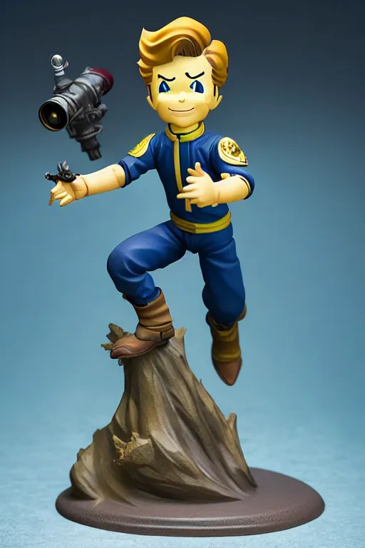 Image similar to still high quality figurine of vault boy from fallout, action figure, tsurime eyes, tareme eyes, personification, dynamic pose, detailed product photo, featured on amiami, tone mapped, beautiful composition, 8 5 mm, f. 1 4