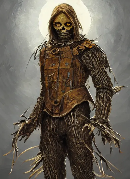 Image similar to powerful male scarecrow, willem dafoe as scarecrow, full body character concept, covered in full metal armor, art nouveau, super powers, fantasy, intricate, elegant, highly detailed, digital painting, artstation, concept art, shining, sharp focus, illustration, art by stanley lau