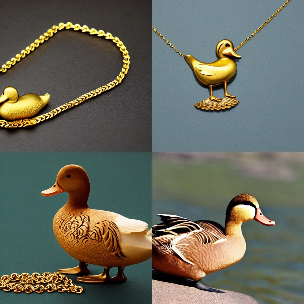 Prompt: a duck and a gold necklace in their neck