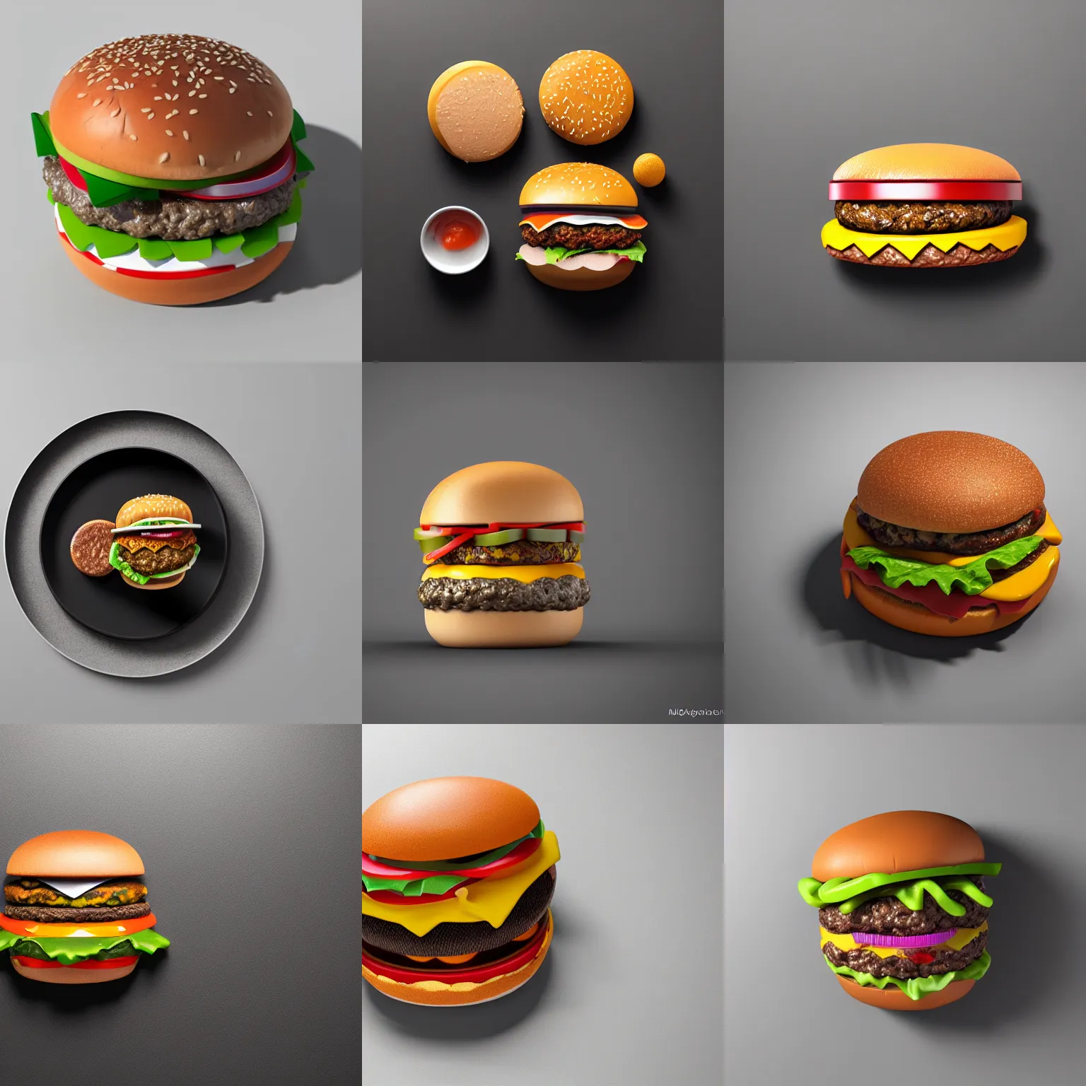 Prompt: cheeseburger 🍔, 3D clay render, Nikon, D850, D800, D750, black, octane render, 4k UHD, white background, isometric top down left view, diffuse lighting
