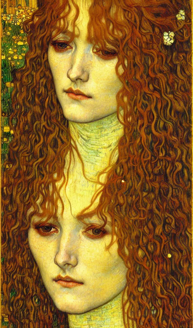 Image similar to detailed realistic beautiful young medieval queen face portrait by jean delville, gustav klimt and vincent van gogh, art nouveau, symbolist, visionary, gothic, pre - raphaelite, muted earthy colors, desaturated