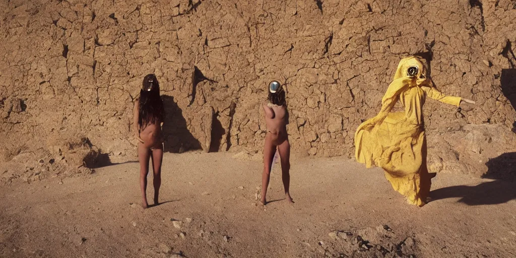 Prompt: levitating woman with full - face golden mask in a dry rocky desert landscape, visible sky and sunny atmosphere, fata morgana and giant square mirrors by alejandro jodorowsky, anamorphic lens, kodakchrome, practical effects, masterpiece, 8 k