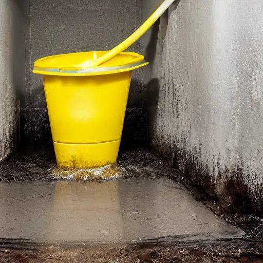 Image similar to slushy made out of grayish brown dirty water, next to a yellow bucket and mop, flash photography