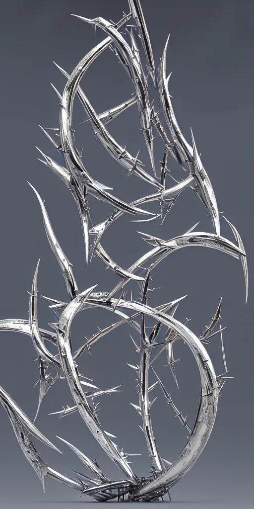 Image similar to 3 d render of a chrome torii gate sculpture, chrometype, made of liquid metal, neotribal with thorns and thunders, hyper realistic, volumetric lightning, 8 k, by zhelong xu