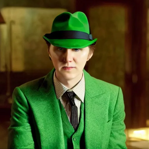 Image similar to film still of Paul Dano as Riddler in a green suit and tie and green fedora no mask in The Batman, 4k, dark lighting, film noir, grainy, dark tone