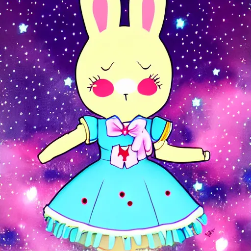 Prompt: usagi-chan in a kawaii dress magical girl with star poster background