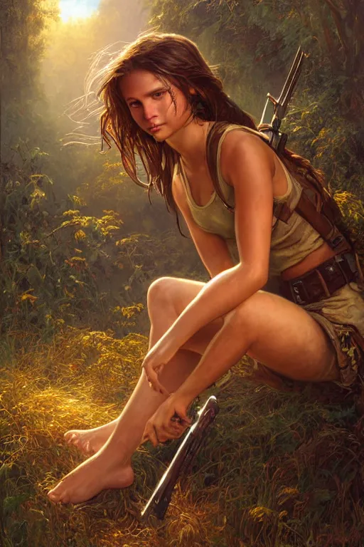 Image similar to golden hour, young Lara Croft chilling out, Lilia Alvarado, Sophie Anderson, Mark Arian, Bob Byerley, Charlie Bowater, Mark Brooks, Steve Henderson, Justin Gerard, Arthur Hughes, Edward Robert Hughes, Mark Keathley, Victor Nizovtsev, Carlos Shwabe, Ross Tran, WLOP