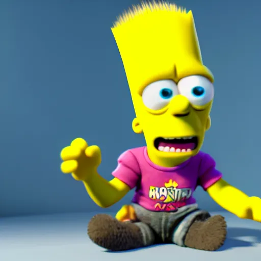 Image similar to film still of Bart Simpson in Monster Inc from Pixar, octane render, volumetric, raytracing, trending on artstation